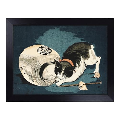 Lap Tray with Bean Bag Cushion, Cat With Paper Lantern By Kobayashi - Handmade in the UK, Raised Wooden Edge, Padded Cushion, Heat-Resistant Wipe-Clean Surface, for Meals, Laptops and Crafts