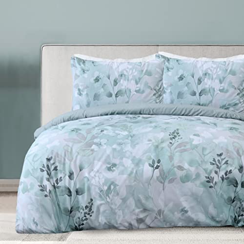 Sleepdown Botanical Leaves Floral Green Reversible Duvet Cover Quilt Pillow Cases Bedding Set Soft Easy Care - Super King (220cm x 260cm)