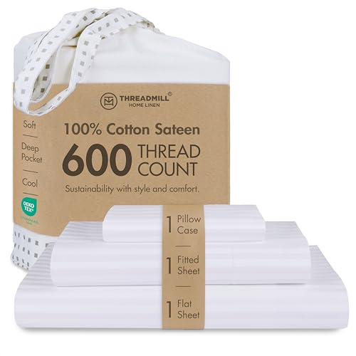 "Threadmill 600TC Cotton Twin XL Sheet Set, Sateen, Damask Stripe, White - 100% Cotton, Sateen Weave, Damask Stripe Pattern, 3-Piece Set, 15"" Deep Pocket, Cooling, OEKO-TEX Certified, Machine Washable"