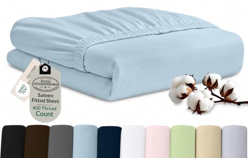 "Royale Linens 400 Thread Count 100% American Grown Cotton Fitted Sheet Full Size - All Around Elastic Fitted Sheet - Luxury Sateen Weave - Snug Fit Bottom Sheets Fit Up to 16"" (Full,Caribbean Blue)"