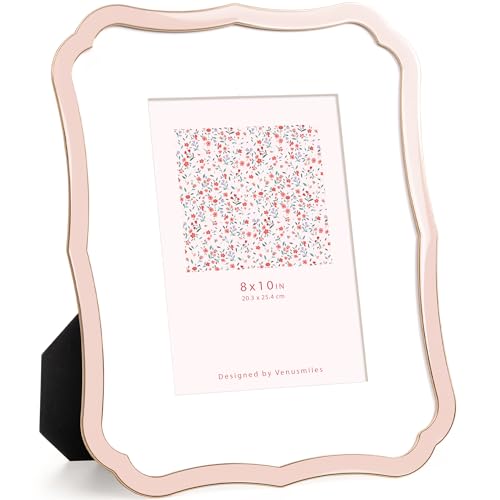 Venusmiles 8x10 Picture Frame, Gold Wavy Cloud Border, Pink Enamel, 1pc - Zinc Alloy Frame with Mat, Displays 8x10 Photos without Mat or 5x7 Photos with Mat, Wall & Tabletop Family Gallery
