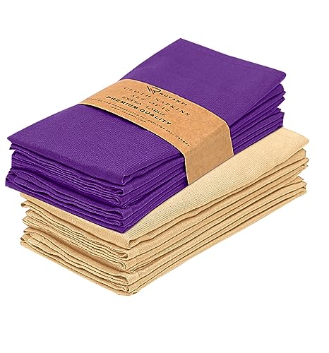 Ruvanti Cloth Napkins 12 Pack 18X18 Inch Dinner Table Napkins, Soft, Comfortable Cotton Enrich, Ivory Gold & Purple Napkin, Reusable Linen Napkins for Christmas, Dinner, Weddings, Bar, Cocktail Party.