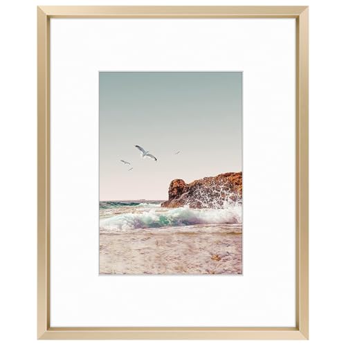 Frametory, 8x10 Metal Picture Frame with Mat for 5x7 Picture & Real Glass, Aluminum Photo Frame Collection (Gold, 1 Pack)