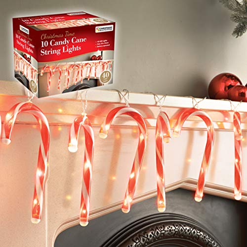 The Christmas Workshop 70039 10 LED Candy Cane Christmas String Lights - Indoor Decorations - 1.8M Lead Length with 20cm Long Candy Canes - Battery Operated, Red and White