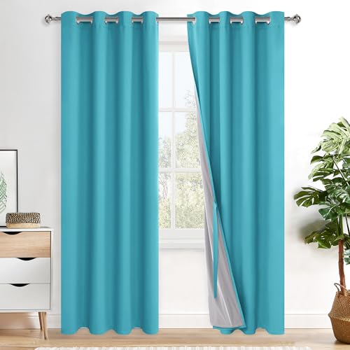 XWZO Complete Blackout Shades Window Curtain Panels with Tiebacks - Noise Reduction and Full Light Blocking Grommet Curtains with Black Liner for Studio, Turquoise, W52 x L84, Set of 2