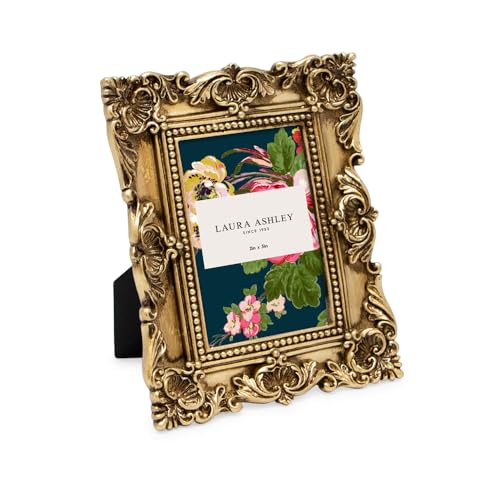Laura Ashley 2x3 Gold Ornate Textured Hand-Crafted Resin Picture Frame with Easel, for Tabletop & Wall Display, Decorative Floral Design Home Décor, Photo Gallery, Art & More (2x3, Gold)