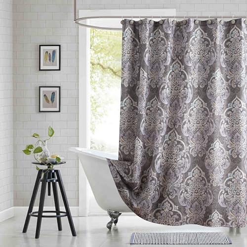 "BESTRIPES 90 Inch Extra Long Shower Curtain, Gray Bath Curtain with Purple Baroque Medallions, Waterproof Hotel Quality Fabric, 72"" W x 90"" H"