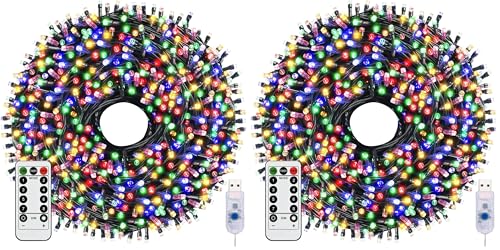 Woobroo Fairy Lights & USB String Lights, 20m 200 LEDs Copper Wire Light & Waterproof Outdoor Christmas Lights for Indoor Outdoor Lighting, Bedroom, Wedding Decor, Party, Christmas, Tree - Colourful