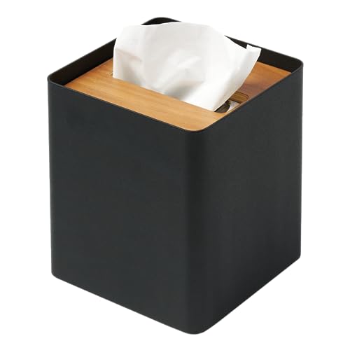 Yamazaki Home Rin Reusable Tissue Box Cover Metal Holder Container Case with Natural Wooden Lid - Steel