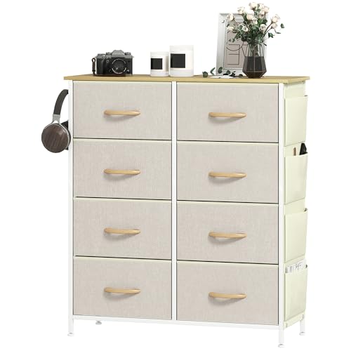 HOMCOM Chest of Drawers, Double Dresser for Bedroom with 8 Fabric Drawers, Tall Storage Unit with 4 Pockets, 2 Hooks and Steel Frame for Living Room, Hallway, Beige