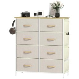 HOMCOM Chest of Drawers, Double Dresser for Bedroom with 8 Fabric Drawers, Tall Storage Unit with 4 Pockets, 2 Hooks and Steel Frame for Living Room, Hallway, Beige