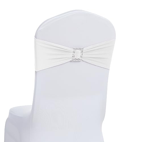 Joccun 60 PCS Spandex Chair Sashes Bows Stretch Chair Cover Band with Buckle Slider Universal Elastic Chair Ties for Wedding Banquet Party Event Decoration (White)