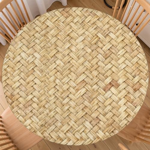 "Farmhouse Round Fitted Tablecloth with Elastic Outdoor Woven Natural Brown Table Cloth Decorative Washable Stretch Rustic Rattan Seasonal Table Cover Kitchen Dining Patio Picnic for 40""-44"" Table"
