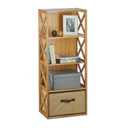 Relaxdays Bamboo Shelf with Basket, 4 Tiers, Wooden Freestanding Bathroom Rack, Folding Drawer Box, HxWxD: 105 x 42 x 29 cm, Natural Brown