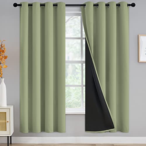Yakamok 100% Blackout Curtains for Bedroom, Sage Full Light Blocking Drapes with Black Backing, Thermal Insulated Energy Saving Solid Grommet Panels for Living Room, 52Wx72L,2 Panels