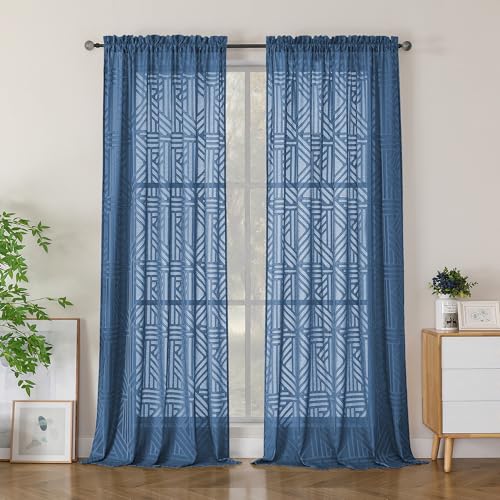 Simplebrand Semi Sheer Dusty Blue Curtains 96 Inches Long 2 Panels, Light Filtering Geometric Jacquard Clip Textured Sheer Curtains for Living Roon???Modern Elegant Window Curtains Drapes???52x96 inch