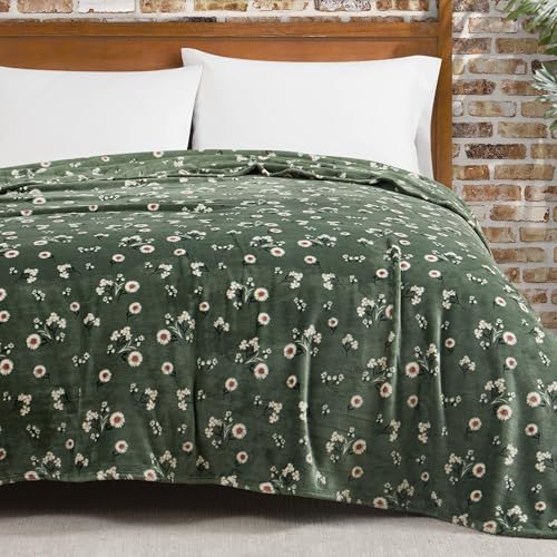 "Lucky Brand Daisy Green Floral 90""X90"" Cozy Plush Blanket - Premium Microfiber Throw for Luxurious Comfort and Style Full/Queen Size"