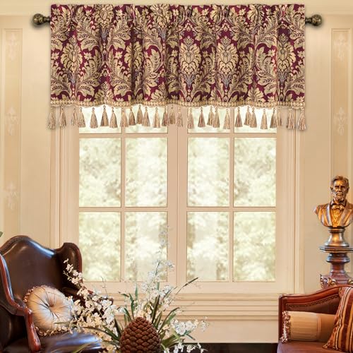 Loom and Mill Luxury Damask Valances for Windows, Burgundy Red Jacquard Floral Window Curtain Valance with Handmade Multi- Tassels, Rod Pocket Blackout Short Curtain 1 Panel, 54??? x 18???, Burgundy Red