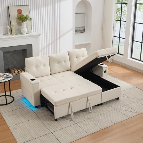 Ball & Cast Sofa Bed, L-Shaped Sleeper Sectional Couch, 3-in-1 Fabric Convertible Pull Out Sofa Bed with Adjustable Backrest, Storage, USB and Cup Holder for Living Room,Fabric,Beige
