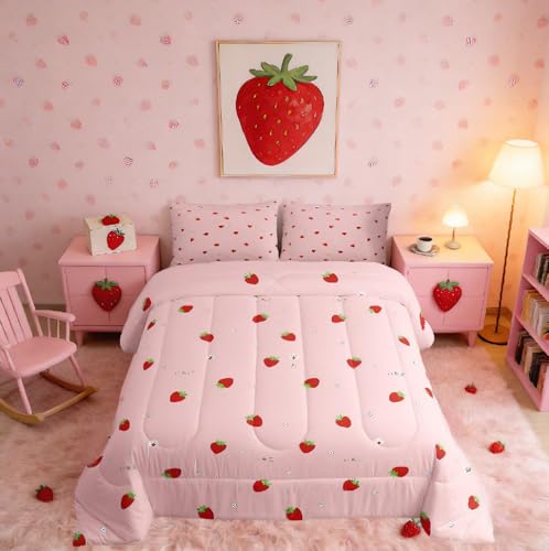 Girls Strawberry Comforter Set Twin Kawaii Strawberry Comforter for Kids Japanese Style Pink Cute Cartoon Fruit Food Theme Bedding Set Girly White Floral Down Comforter Reversible Soft Lightweight