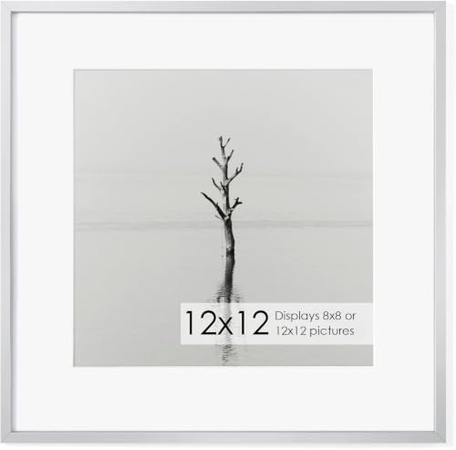 12x12 Metal Picture Frame with 8x8 Mat, Brushed Aluminum Finish, Attached Hanging Hardware, and Tempered Glass Front - Versatile Vertical or Horizontal Wall Display Frames Set of 1 - Sliver