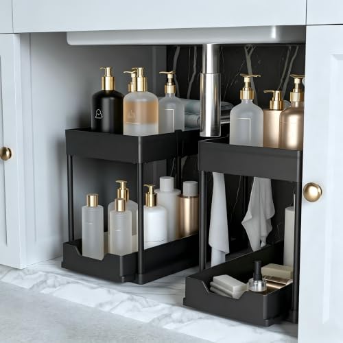 petisal 2-PACK Under Sink Organizers and Storage with Sliding Drawer???2-Tier Bathroom Under Sink Shelf Rack,Multi-Functional Cabinet Storage Space Saver For Kitchen/Bedroom/Office.