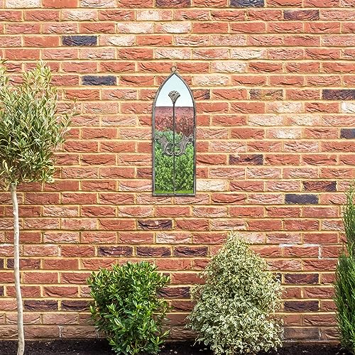 "MirrorOutlet The Arcus - Concrete Colour Framed Modern Arched Garden Wall Mirror 24"" X 8"" (60CM X 20CM) Silver Mirror Glass with Black All weather Backing."