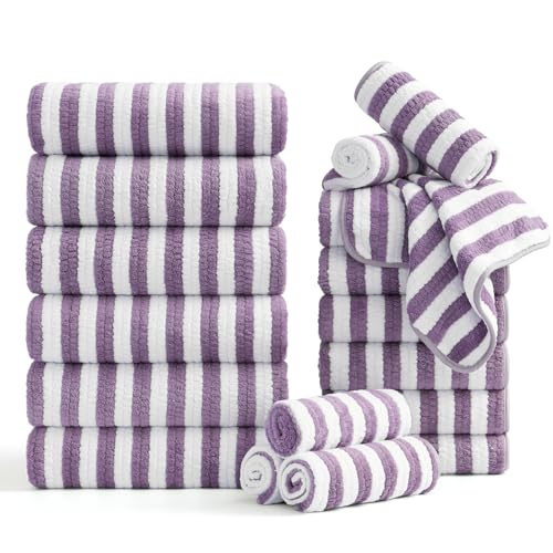 Smuge 18 Pcs Bath Towel Set, Include 6 Bath Towel Sheets, 6 Hand Towels and 6 Washcloths - Highly Absorbent Quick Dry Microfiber,Ultra Soft Bathroom Towel Set with Hanging Loop - Dark Purple