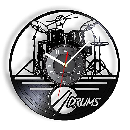 gofidin Acrylic Vinyl Record Wall Clock,Black Creative Clock Wall Decor,Drum Kit Musical Instrument Modeling Wall Hanging Clock Home Decoration
