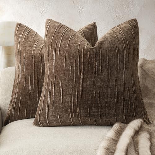 Foindtower Pack of 2 Slubby Textured Chenille Throw Decorative Pillow Covers Square Accent Solid Cushion Cover Cozy Neutral Farmhouse Pillow Case for Couch Bedroom Living Room 18x18 Inch,Dark Brown
