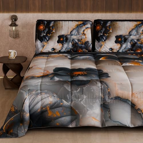 PETTI Artigiani Italiani - Winter Quilt, Winter Duvet, Double Sided Quilt, Solid Colour and Digital Floral Print 06 18, 100% Microfibre, Made in Italy