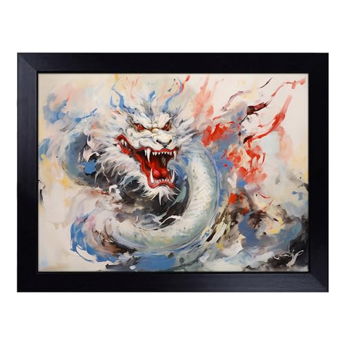 Lap Tray with Bean Bag Cushion, Chinese Dragon Gestural - Handmade in the UK, Raised Wooden Edge, Padded Cushion, Heat-Resistant Wipe-Clean Surface, for Meals, Laptops and Crafts