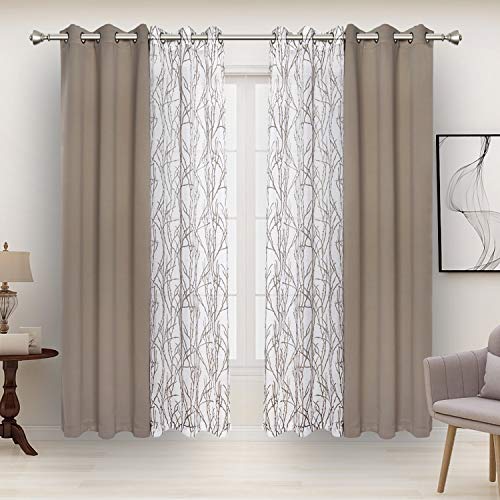 BONZER 4 Panels Set Mix and Match Curtains for Bedroom Living Room - 2 Pieces Branch Print Sheer Curtains & 2 Pieces Blackout Curtains Thermal Grommet Window Drapes, 37x95 Inch/Panel, Taupe