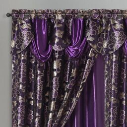 "GOHD Royal ROSARIUM. Clipped Voile/Voile Farmhouse Jacquard Window Curtain Panel Drape with Attached Fancy Valance & Taffeta Backing.2pcs Set. Each pc 54"" Wide x 84"" Drop + 18"" Valance. (Purple)"