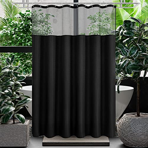 Gibelle Waffle Weave Shower Curtain with Mesh Top Window, Spa Like Hotel Style Fabric Shower Curtain for Bathroom, Black, 72x72