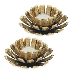 Relaxdays Tealight Holder, Set of 2, Flower Shape, Candle Stand, Cast Iron, Indoors & Outdoors, HxØ 6 x 13.5 cm, Gold