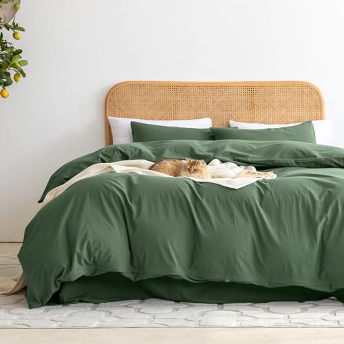Ventidora Green 3 Piece Duvet Cover Set Queen Size,100% Organic Washed Cotton Linen Feel Like Textured, Luxury Soft and Breatheable Bedding Set with Zipper Closure(1 Comforter Cover + 2 Pillowcases)