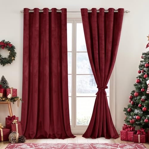 DWCN Velvet Blackout Curtains, 243.8 cm, with Eyelets, Thermal-Insulated, Holiday Party, Decorative Backgrounds for Living Room, Party Decoration, W 60 x L 96 inches, Wine Red, 2 Pieces