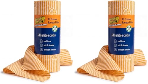 Scrub Basics All Purpose Bamboo Cloths, 1 Roll with 40 Sheets - Multi-Use Absorbent Cleaning Cloths on a Roll, Soft Textured for Kitchen, Bathroom & Home - Durable Cleaning Supplies (Pack of 2)