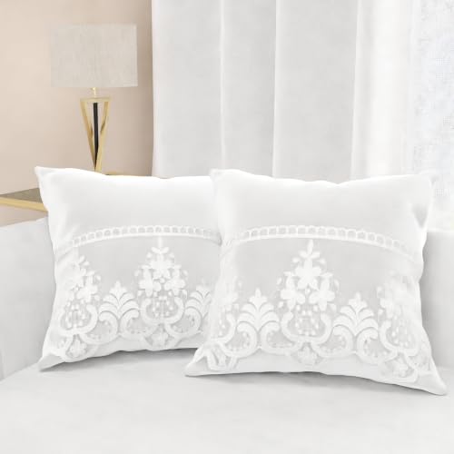 PETTI Artigiani Italiani - 2 Velvet Cushions with Rebrod?? Lace, Filling Included, 60 x 60 cm, White