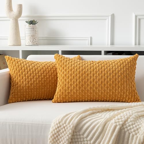 Kevin Textile Throw Pillow Covers Soft Corduroy Decorative Set of 2 Boho Striped Pillow Covers Pillowcases Farmhouse Home Decor for Couch Bed Sofa Living Room 12x20 Inch Golden Yellow