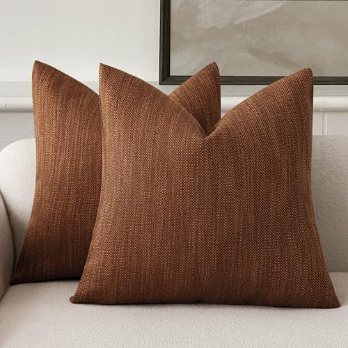 Foindtower Set of 2 Decorative Textured Burlap Linen Throw Pillow Covers Farmhouse Boho Cushion Cover Solid Accent Pillowcase for Couch Sofa Bed Living Room Home Decor, 22??22 Inch,Dark Rust Brown