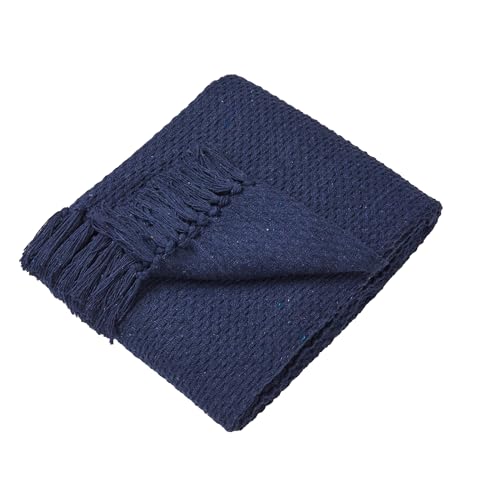 Drift Home - Navy Throw with Tassel - Sustainable Recycled Cotton - Woven Textured Sofa Throw Blanket - 180 x 130cm