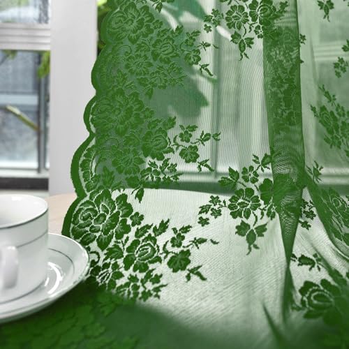 Emerald Green Sheer Curtains 72 Inches Long 2 Panels Set, Rusitc Floral Vintage Hunter Green Lace Curtains for Living Room, Rod Pocket Privacy Moody Dark Green Sheer Lace Curtain, Each 52 x 72 Inch