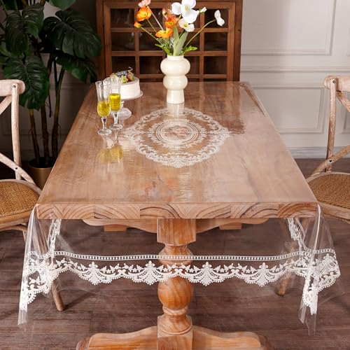 Artbloss Clear Table Cover Protector Rectangle Vinyl Table Cloth Waterproof Oil Spill Proof Wipe Clean Lace Plastic Tablecloths for Dining Tables (French Lace, 60 x 84 Inches)