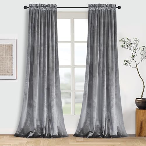 Roslynwood Home Living Room Black Silver Velvet Curtains - Sound Reducing Heavy Solid Rod Pocket Drapes/ 52Wx96L Silver, 2 Panels