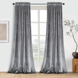 Roslynwood Home Living Room Black Silver Velvet Curtains - Sound Reducing Heavy Solid Rod Pocket Drapes/ 52Wx96L Silver, 2 Panels