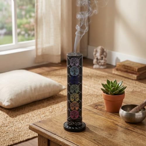 Ajuny Black Marble Soapstone Incense Stick Tower Burner 3x3x10.5 Inch Round Decorative Tree of Life Carving Design Tea Light Candle Holder for Home Office Fragrance Yoga Meditation Accessories