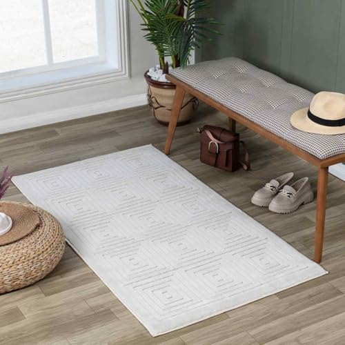 Livabliss Sakura Austin Indoor Outdoor Design – Living Room 80x150 cm, Dining Kitchen Use, Neutral Pattern, Waterproof Stain Resistant, Durable, White