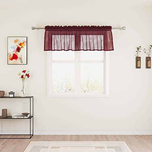 "UPOPO Burgundy Red Valance 14 inches Long Sheer Curtain Valance Living Room Bedroom Kitchen Over Sink Voile Transparent Valance Curtain Small Short Door Window Treatment 1 Panel Rod Pocket 72""x14"""